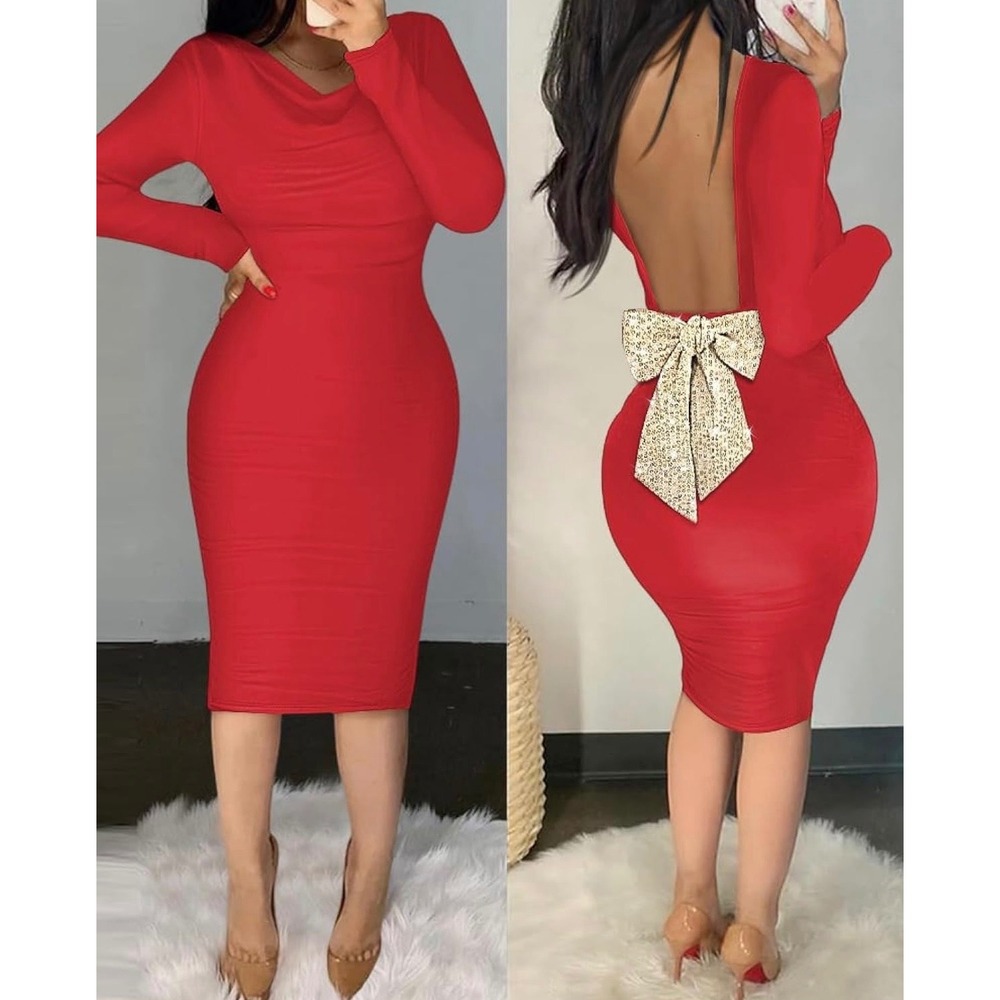 ChicMe Red Open Back Bodycon Dress Gold Sequin Bow Sz Large